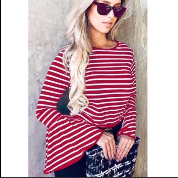 Tops - Striped Bell Sleeve Top—-Red